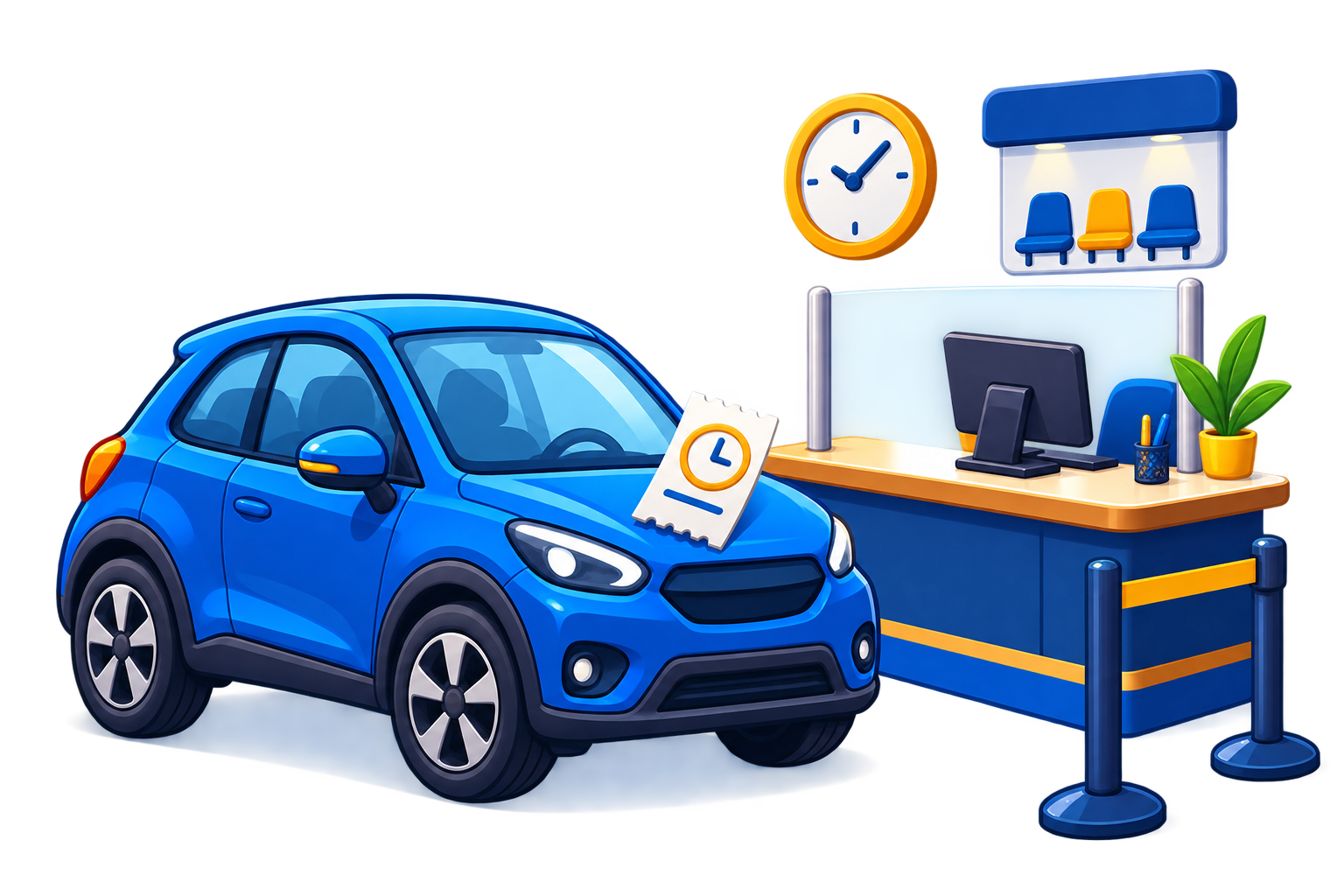 Illustration of a car waiting at a vehicle licensing counter