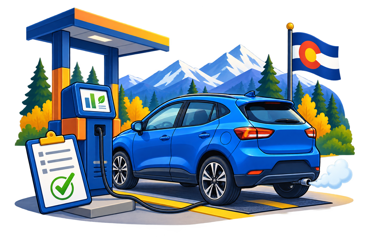 Illustration of a car at an emissions testing station